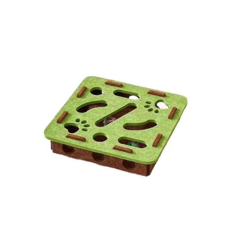 Green brown felt cat toy box with a central hole for catnip.