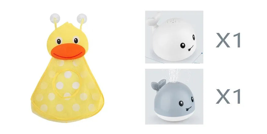 Automatic water-sensing whale bath toy with spray, lights, and music functions for baby bath time