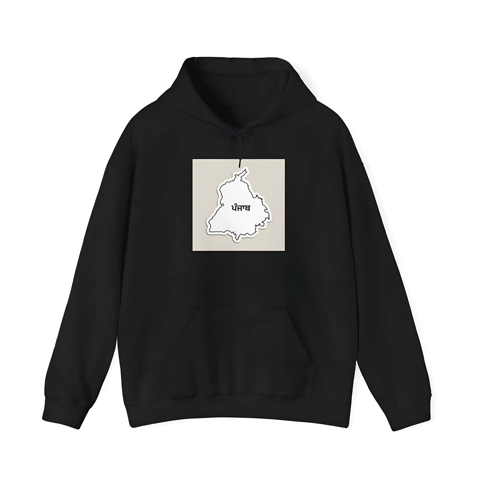 Black casual sports hoodie with drop-shoulder sleeves and a printed design on the front