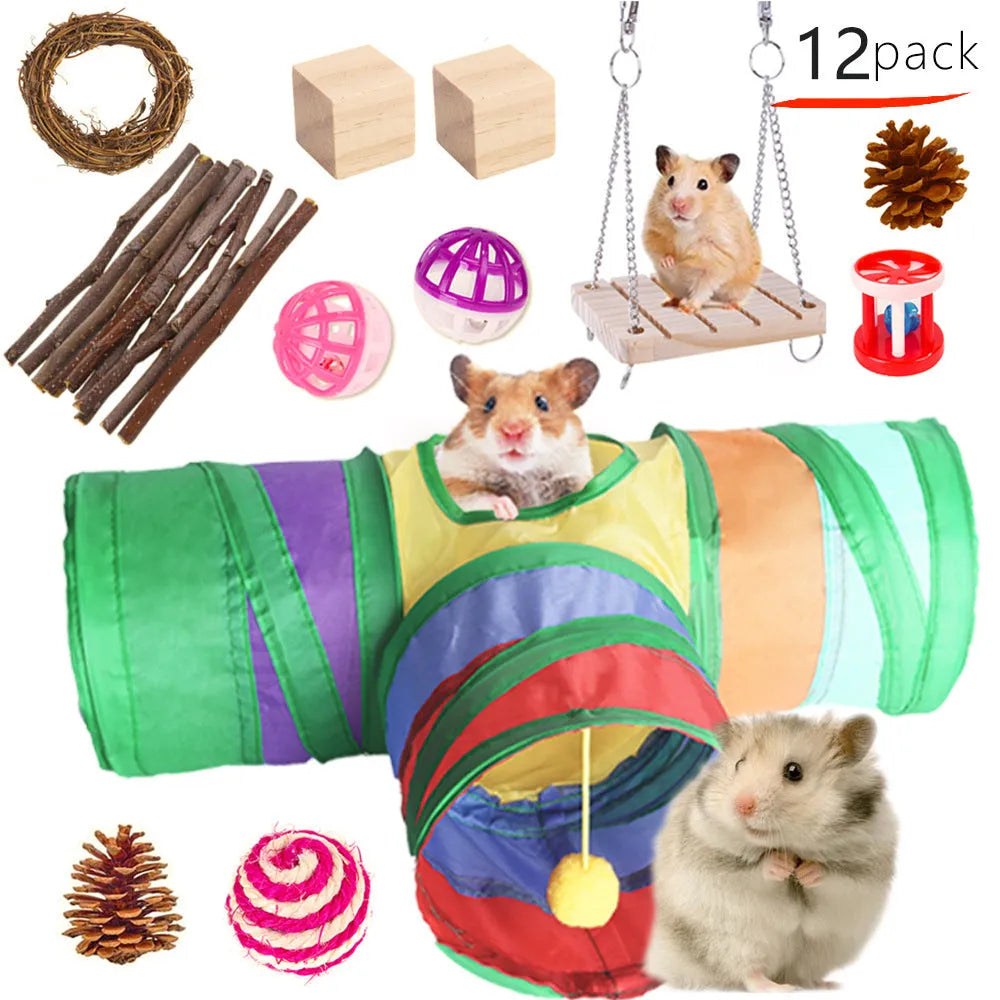 Assortment of natural wooden and woven chew toys for small pets like rabbits and parrots.