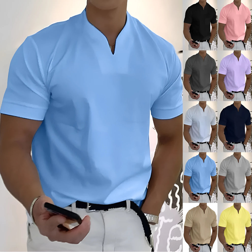 Men's summer short sleeve shirt with pocket in light grey, loose stand collar fit with plain pattern, plus size S-5XL