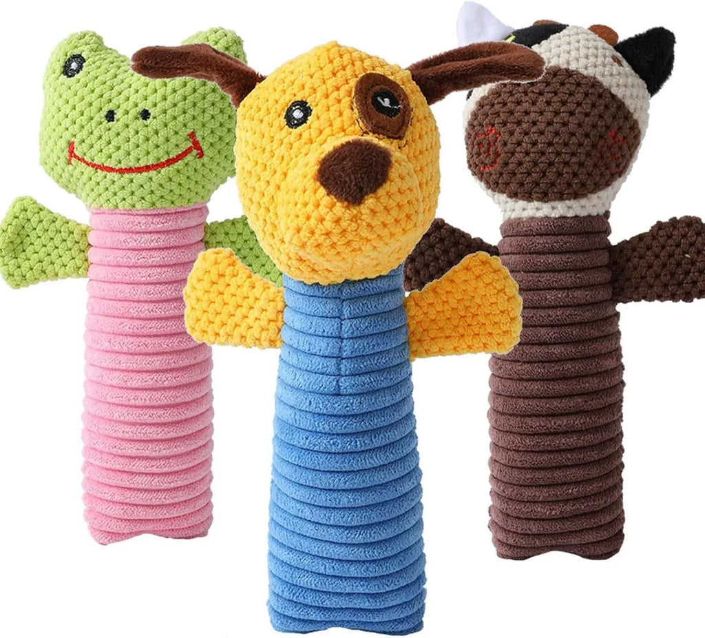 Three dog squeaky chew toys showing calf, frog, and puppy shapes, 19cm long soft plush construction