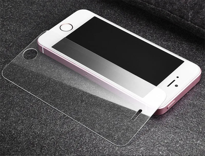 Tempered glass screen protector with 9H hardness for iPhone and Samsung phones.