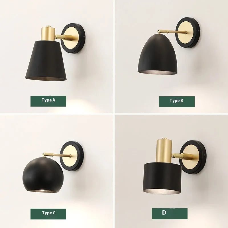 Nordic-style iron wall lamp mounted beside a bed with adjustable LED lighting