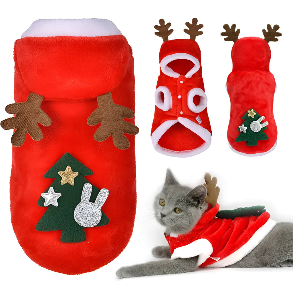 Red pet flannel elk Christmas clothes made from coral fleece, shown on a white background