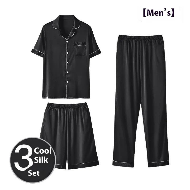 Men's ice silk three-piece homewear suit in a choice of colours including black, blue and champagne.