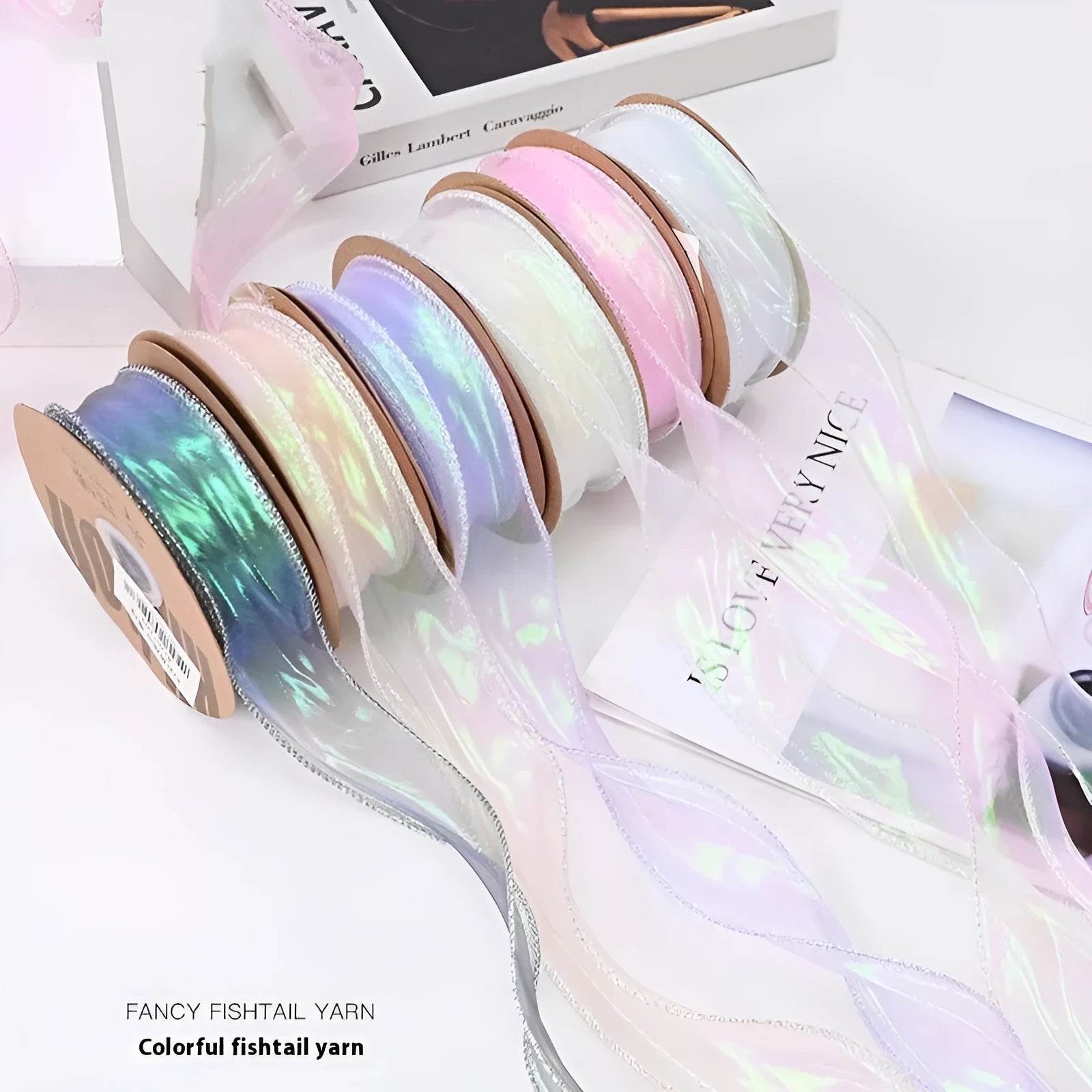 Fishtail yarn mesh craft ribbon roll in illusion colours for DIY floral decorations