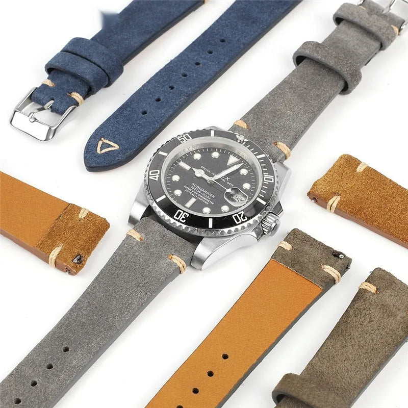 Genuine suede leather watch strap in brown, blue, grey, or Army Green