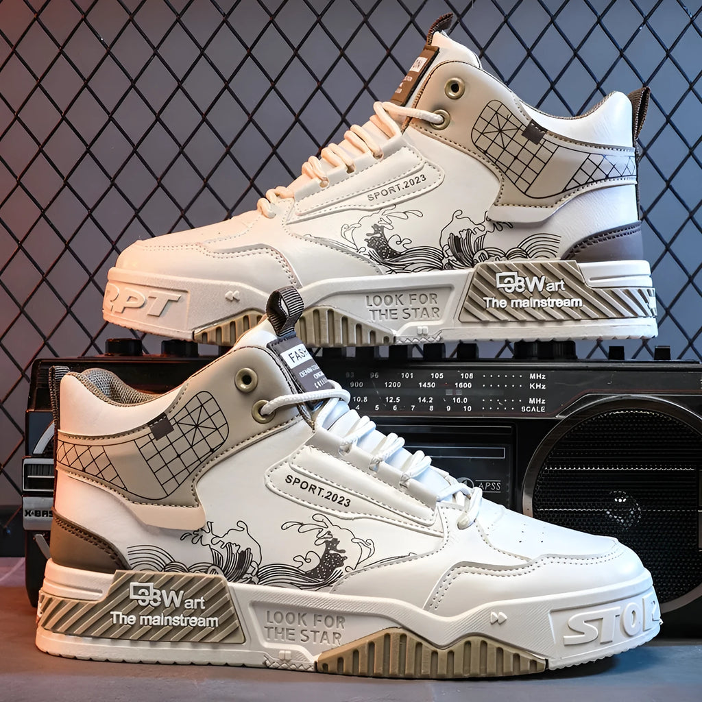 Men's beige, white and blue high-top board shoes with lace-up front and rubber sole.