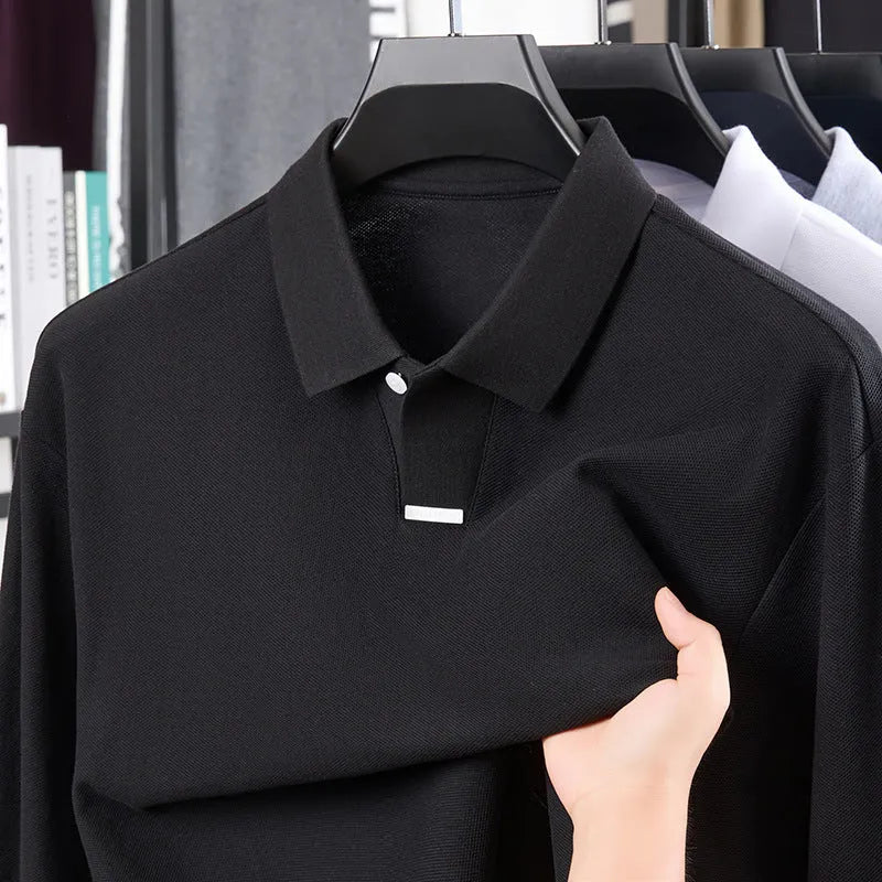 Men's gray cotton polo shirt with asymmetric lapel design and long sleeves