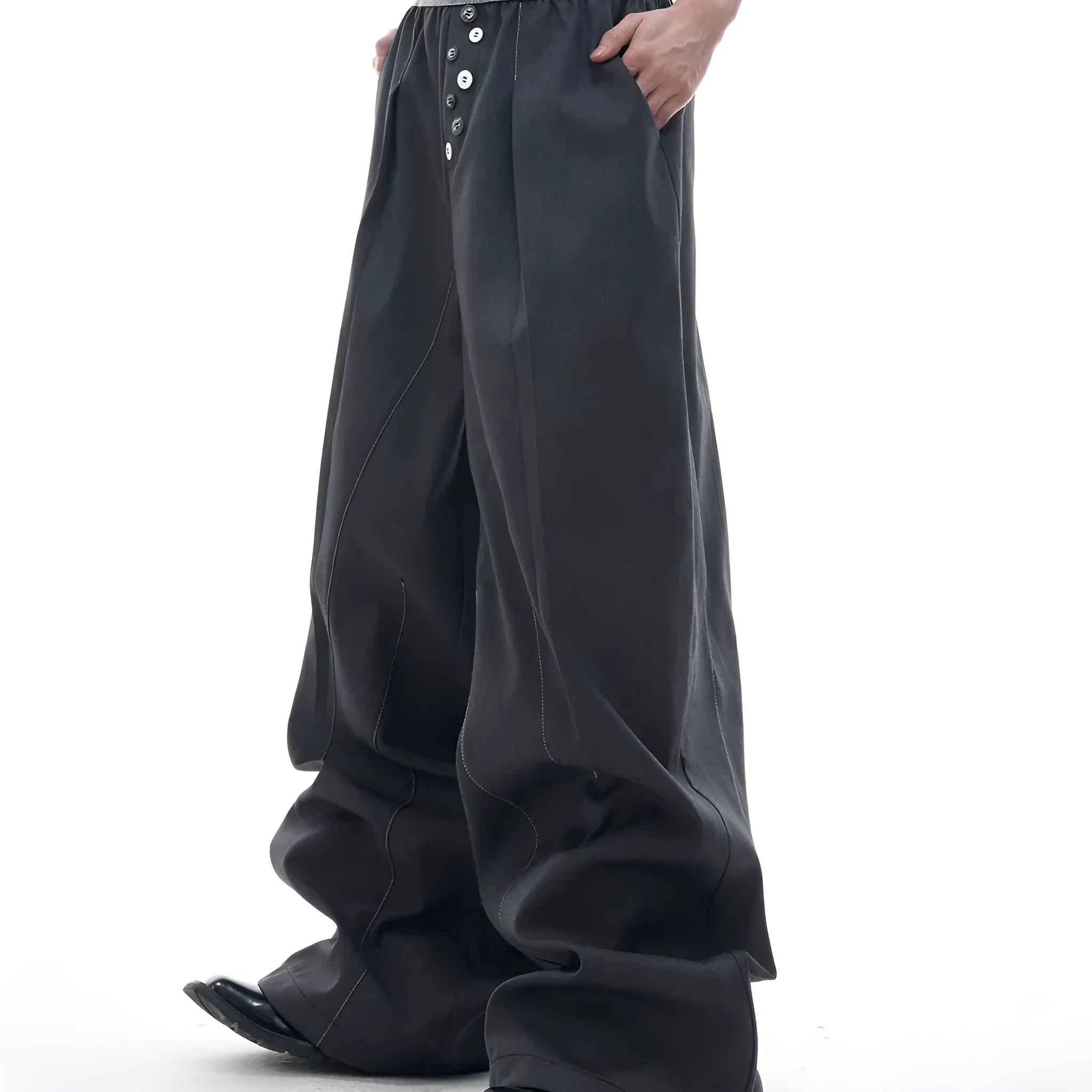 Drooping straight suit pants with button open line design and high waist in black colour
