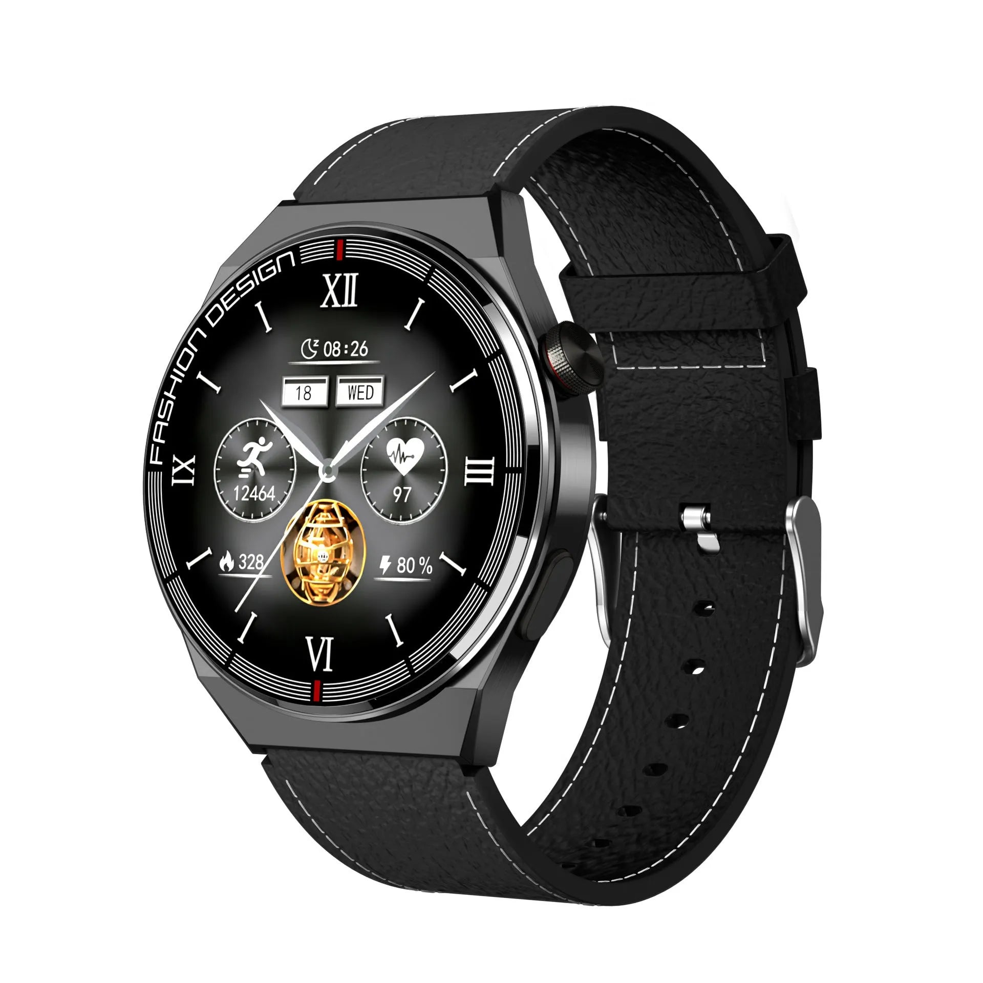 1.28-inch smartwatch showing health metrics on screen with silicone wrist strap