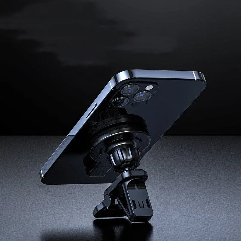 Black magnetic wireless phone charger with adjustable stand showing 85mm compact dimensions