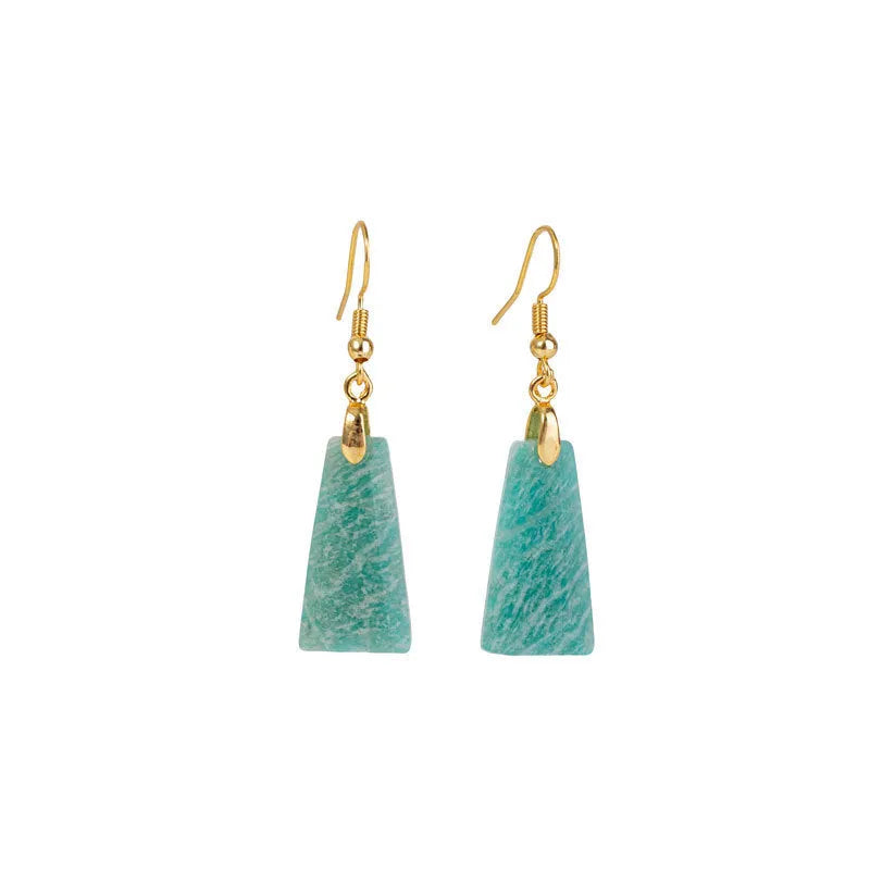 Amazonite rough stone trapezoid earrings with geometric octagon shape and gold plating