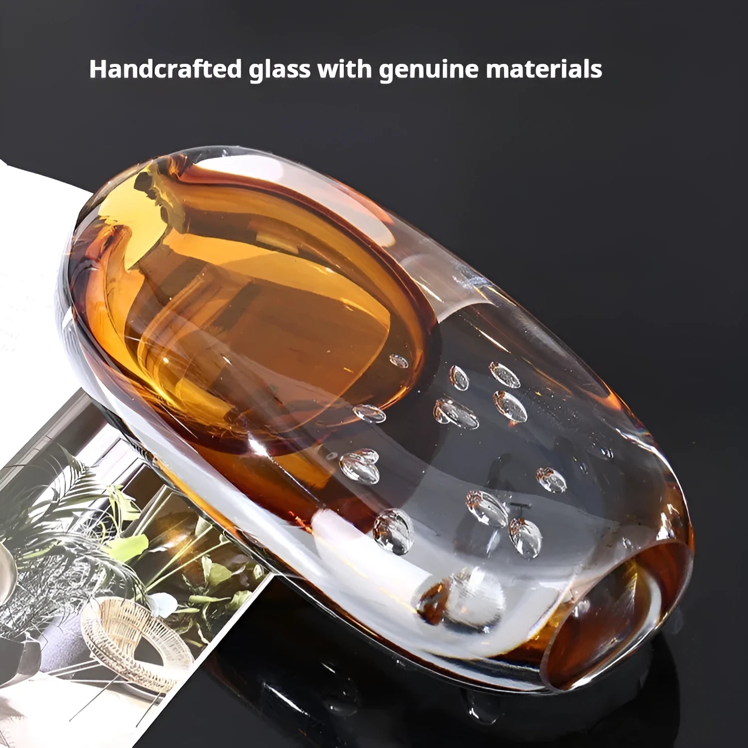Small glass vase with amber coloured glaze, abstract modern shape, 13.5x25cm size on table