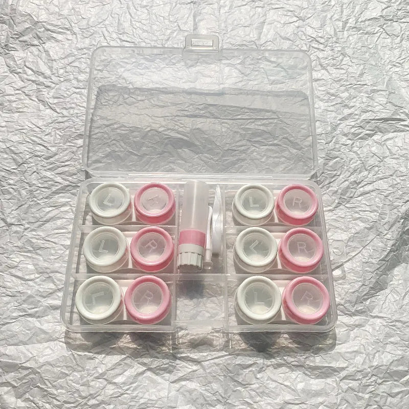 Portable rectangular contact lens case in various colours with a compact design.