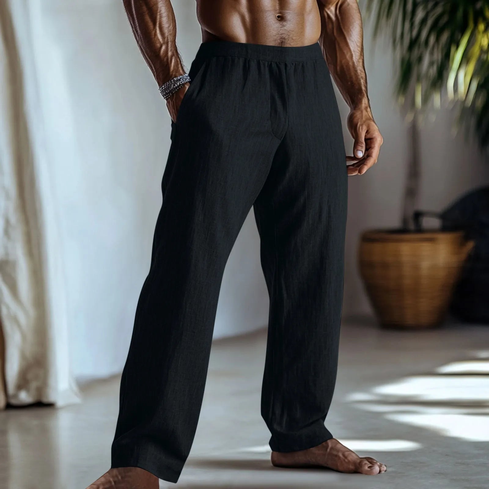 Cotton and linen straight leg trousers in British casual style with front pockets