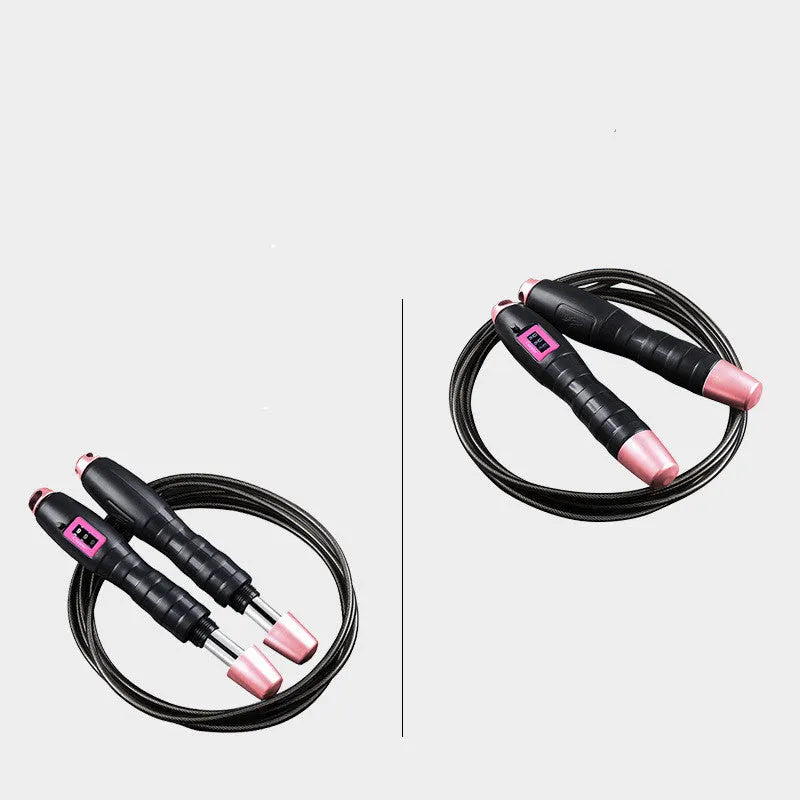 Adjustable digital skipping rope with black ABS handle and coated steel cable on white background