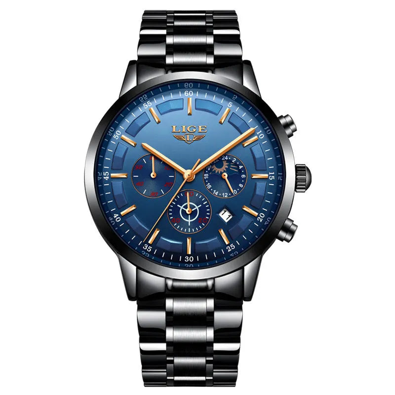 Men's waterproof quartz sports watch with 12mm case in black and rose red gold colour