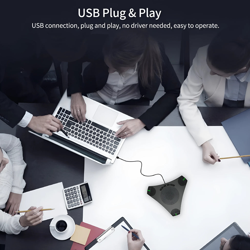 Wired USB plug-and-play microphone in black with compact desktop footprint, 5W power, 203.5x178.6x40mm dimensions