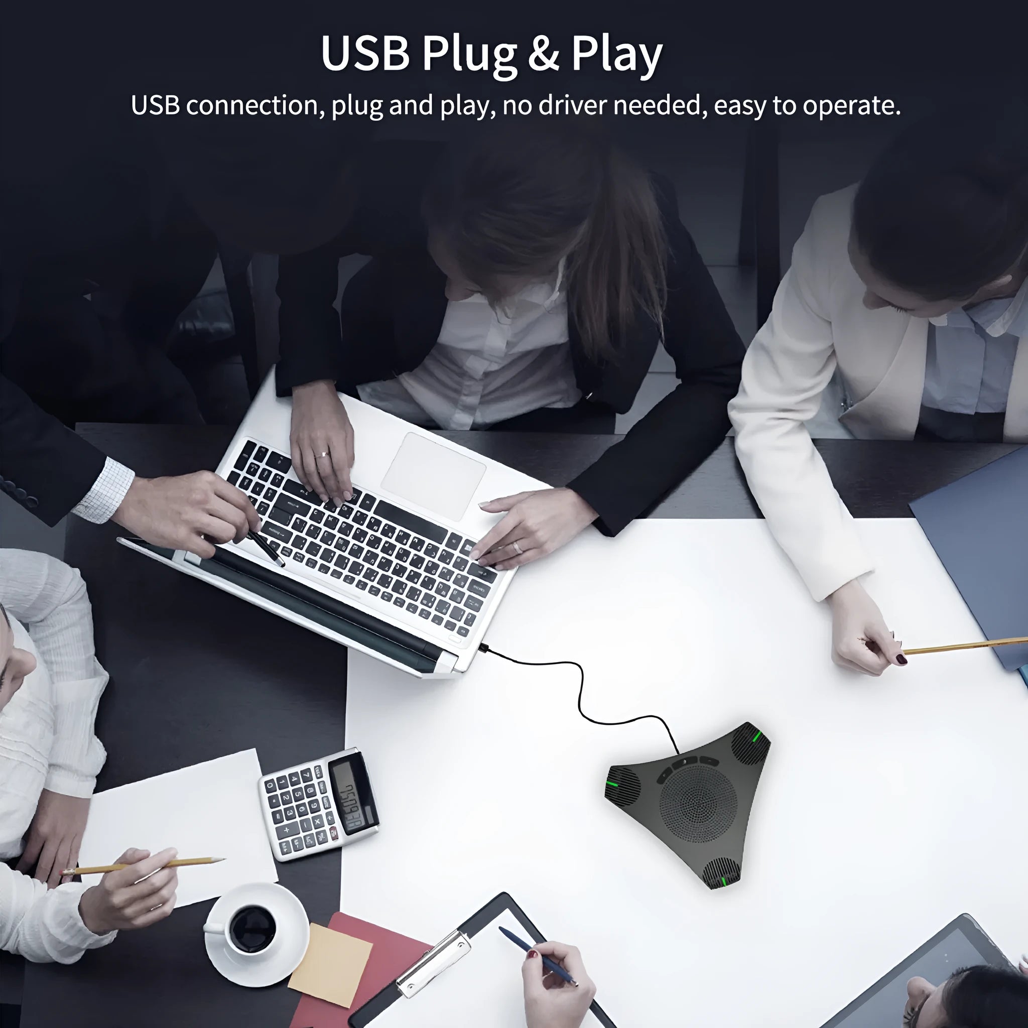 Wired USB plug-and-play microphone in black with compact desktop footprint, 5W power, 203.5x178.6x40mm dimensions