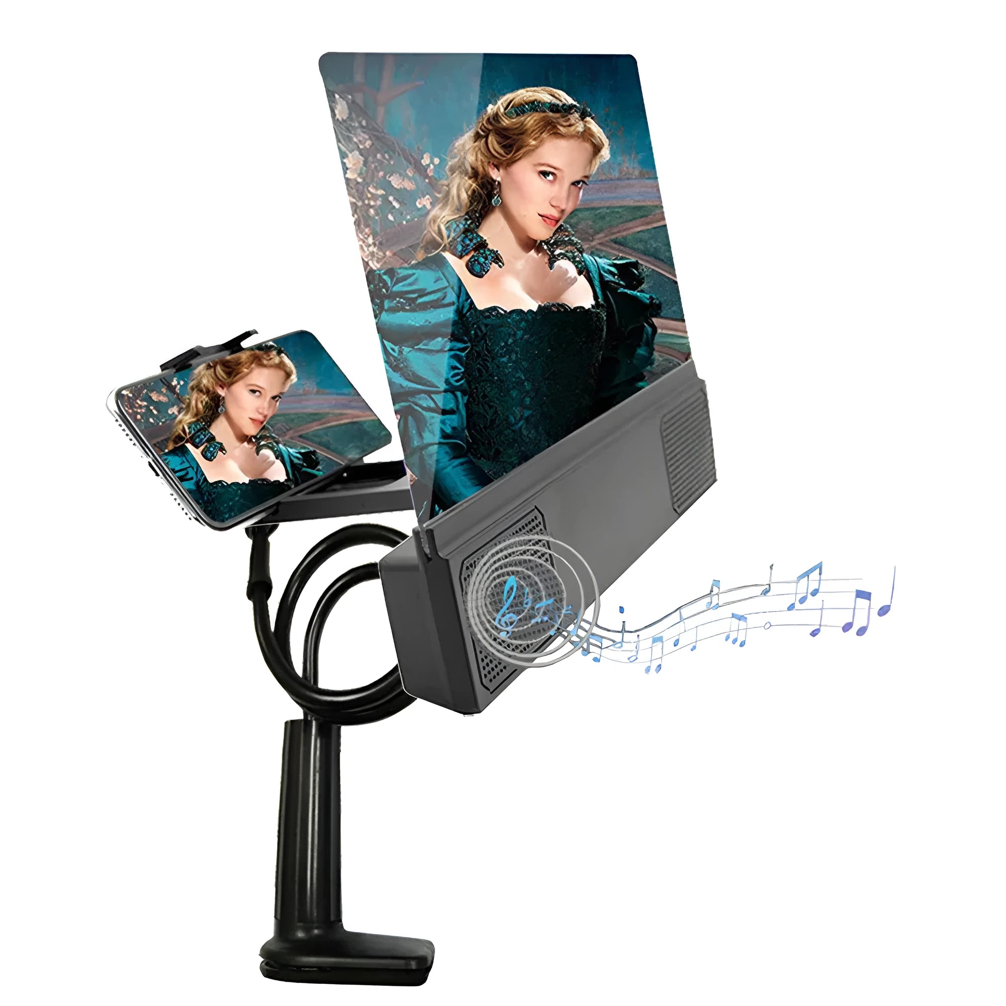 12-inch foldable mobile phone screen amplifier with built-in speakers and adjustable gooseneck stand