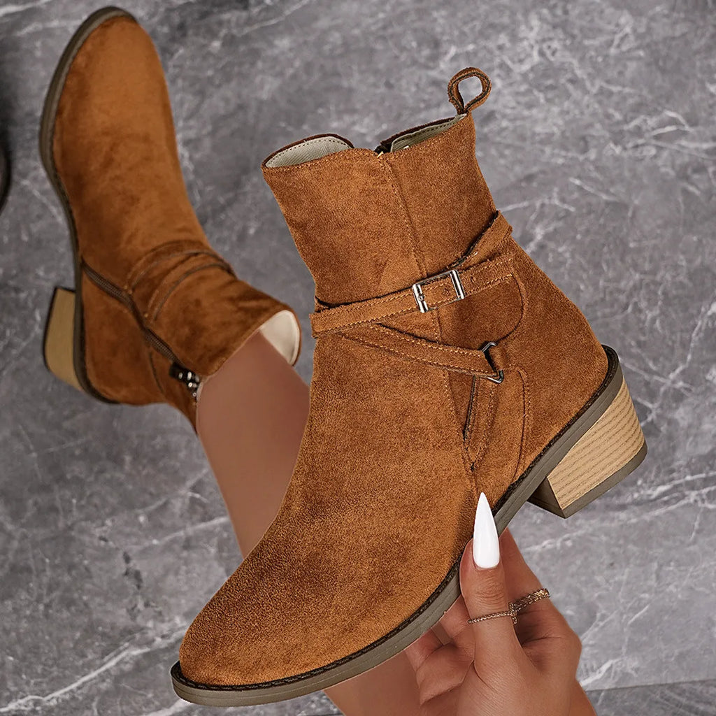 Women's suede ankle boots with cross-strap and side zipper, mid-heel, available in black and camel