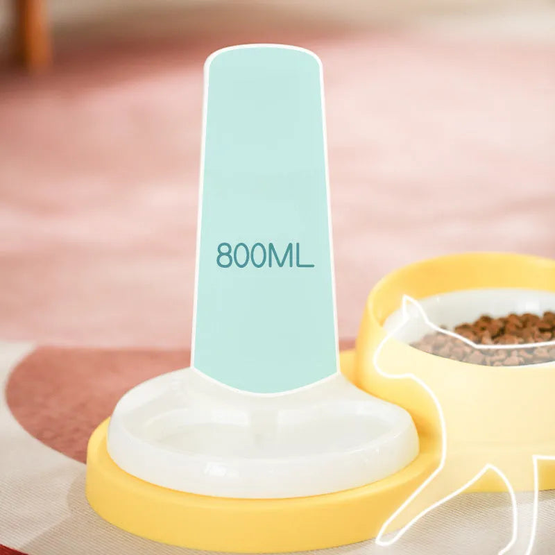Grey and yellow pet dual feeding bowl with neck protection and non-slip base