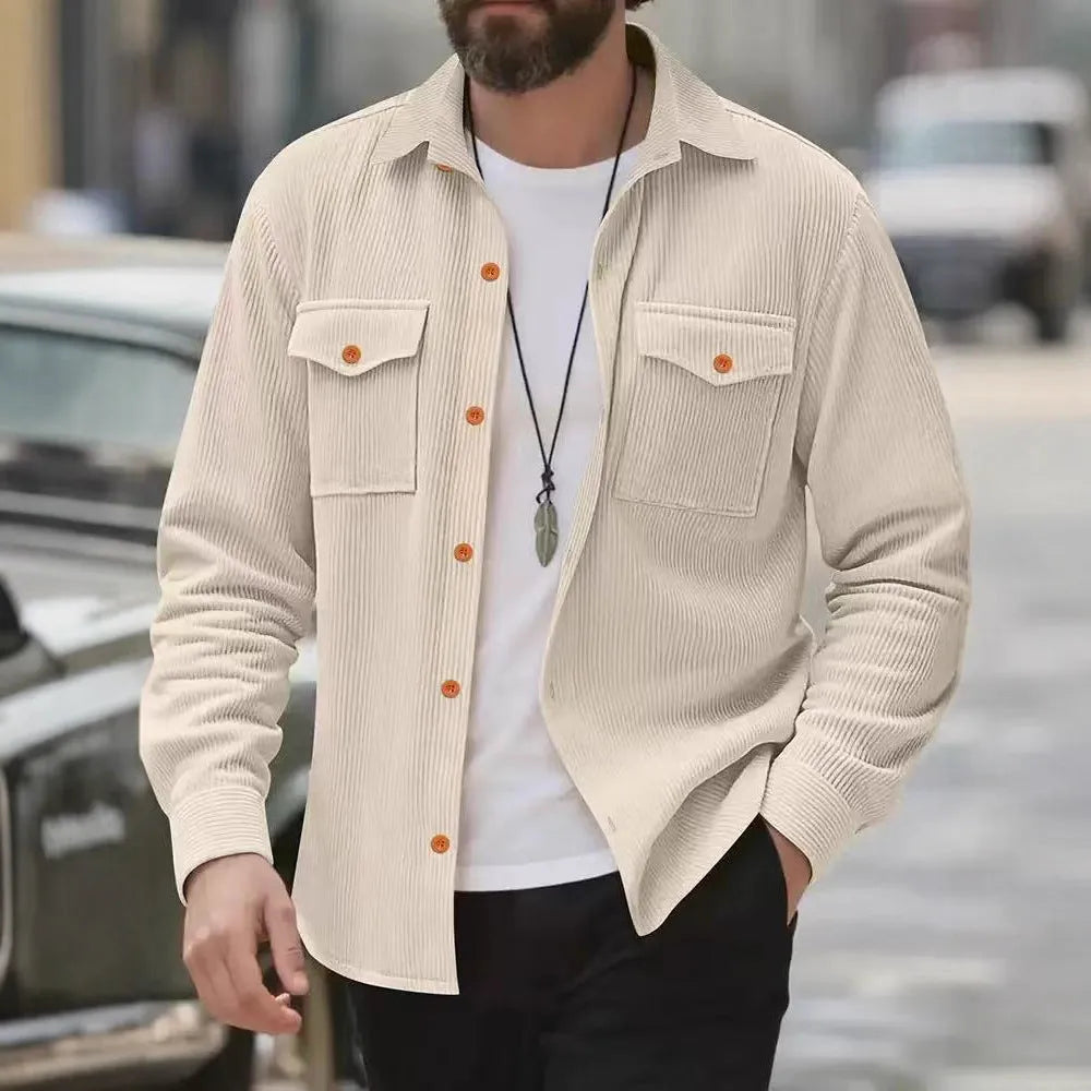 Men's corduroy solid colour jacket in army green, simple style, Asian sizing