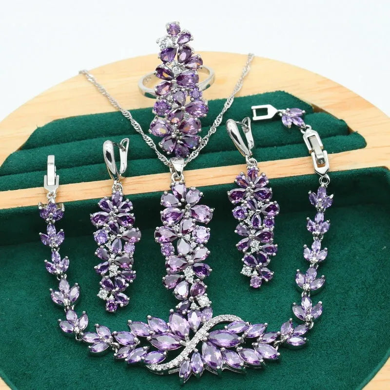 Complete retro floral jewellery set with copper zircon necklace, bracelet, earrings and ring in olive, purple or colourful finish