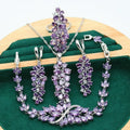 Complete retro floral jewellery set with copper zircon necklace, bracelet, earrings and ring in olive, purple or colourful finish