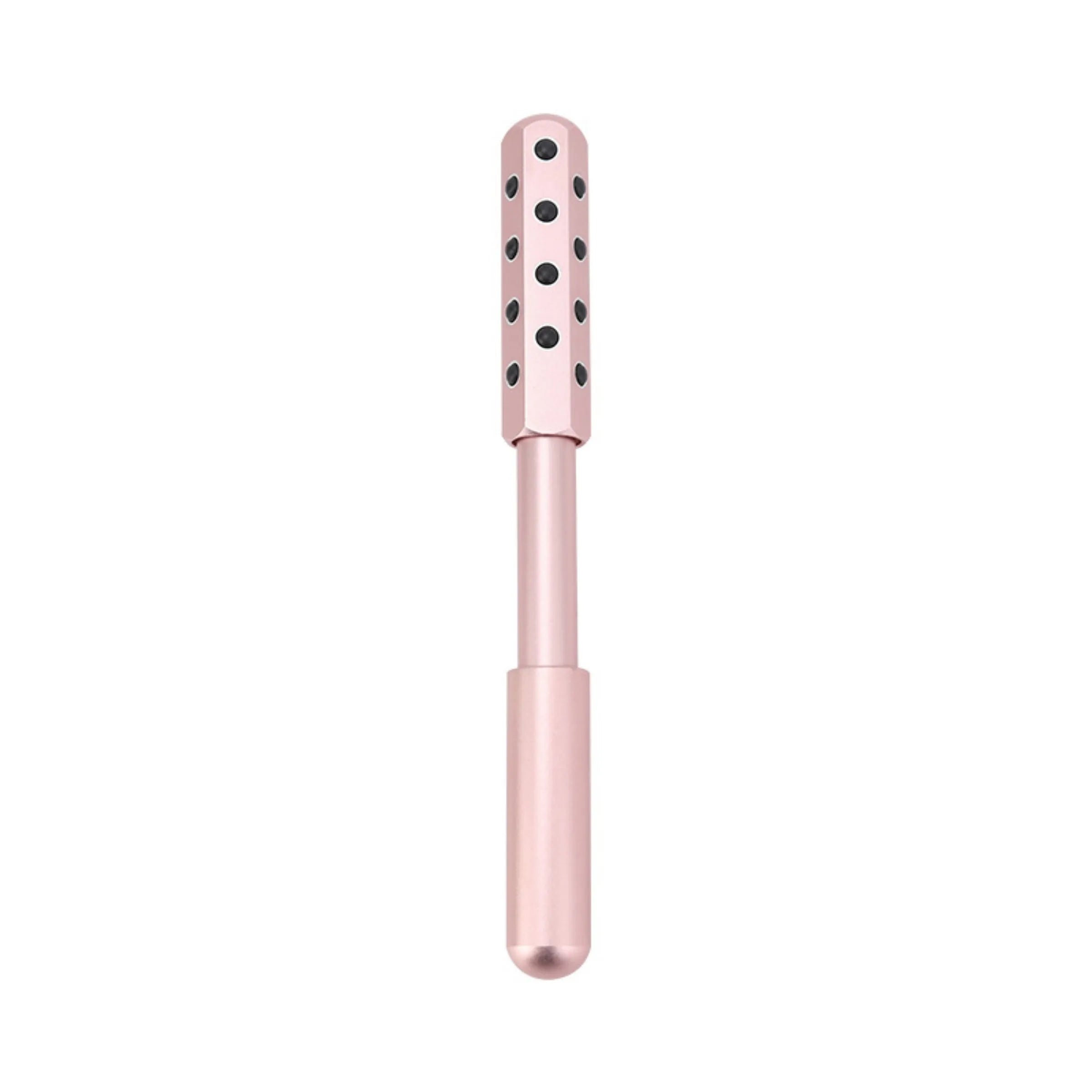 Purple handheld facial massage roller with visible germanium beads on a rotating head