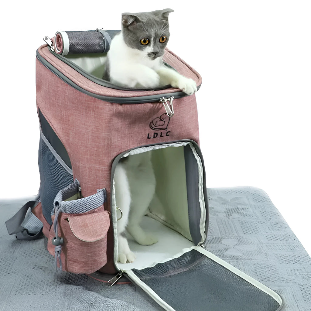 Portable pet carrying bag for small dogs and cats made from cationic linen in grey