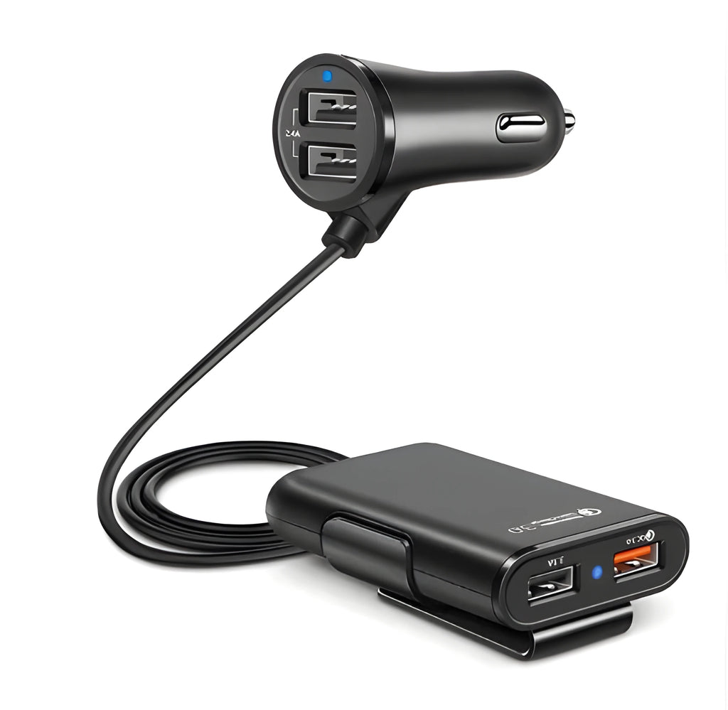 4-port USB car charger with QC3.0, cable, and clip for back seat installation