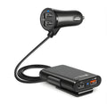 4-port USB car charger with QC3.0, cable, and clip for back seat installation