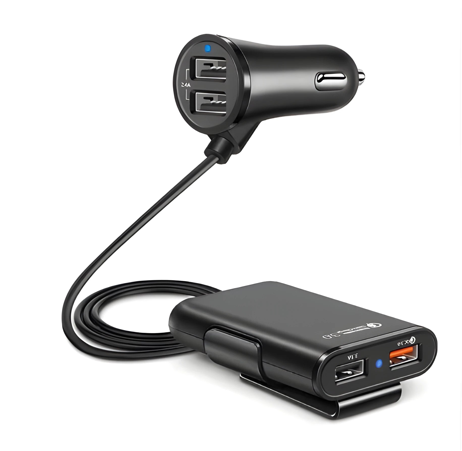 4-port USB car charger with QC3.0, cable, and clip for back seat installation