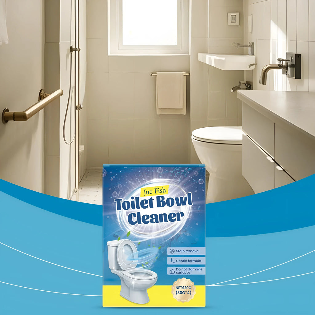Four sealed sachets of toilet cleaning powder with descaling and stain removal text.