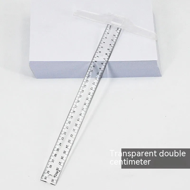 Transparent plastic T-shaped ruler with measurement scales for student design work