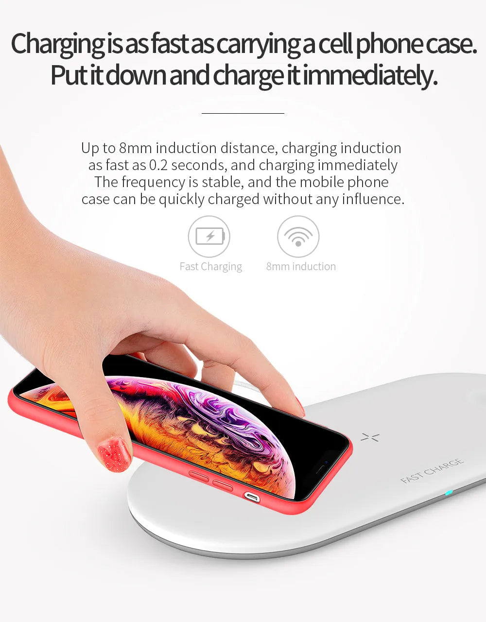 Black three-in-one desktop wireless charging station for iPhone, Apple Watch and wireless headphones.