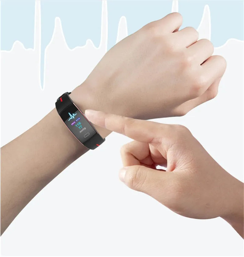 P3 smart watch with heart rate and ECG monitoring, OLED display, silicone wristband, black and blue colour