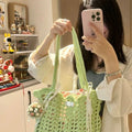 Handwoven wool floral handbag in summer style with natural pattern