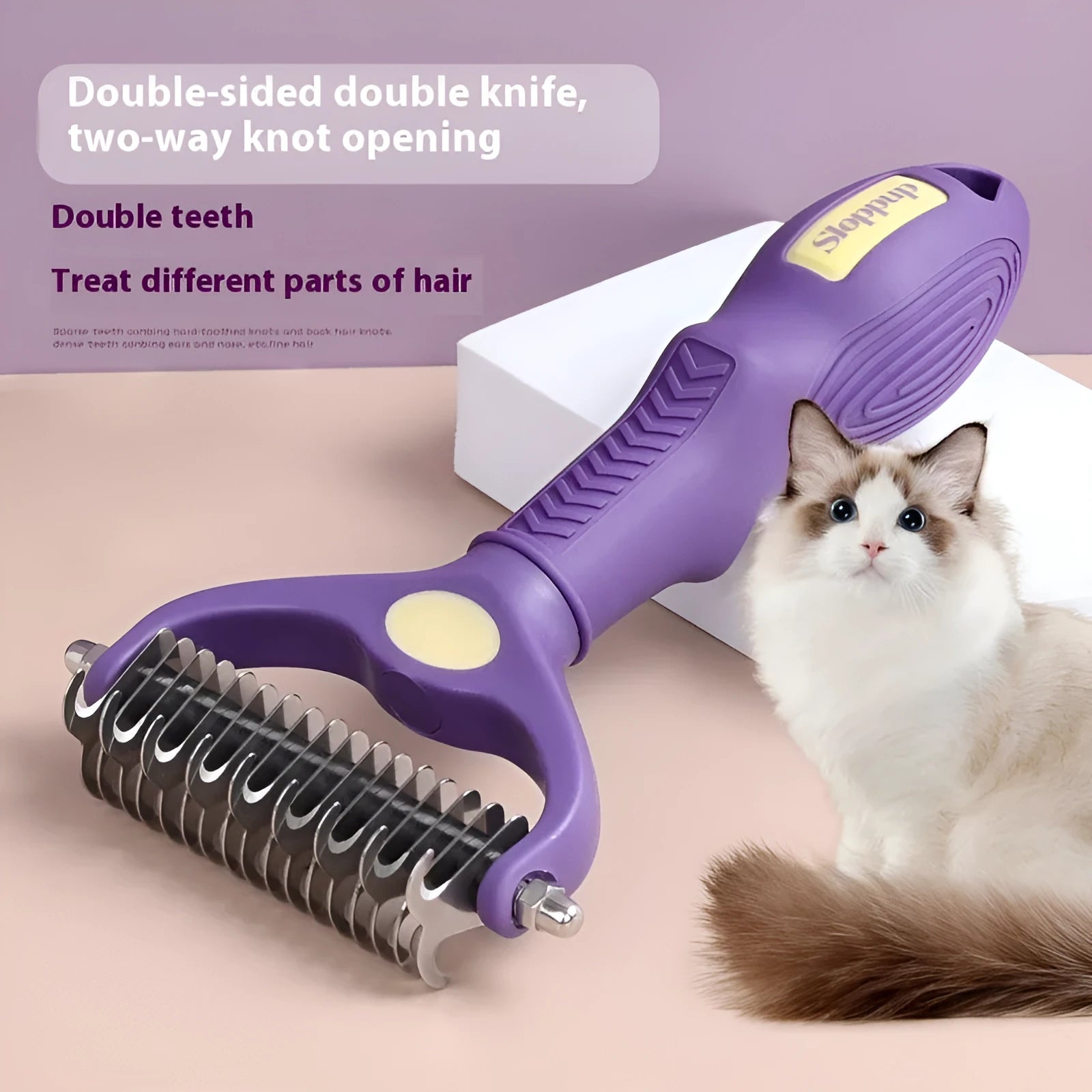 Purple plastic double-sided pet comb for untangling knots on dog and cat fur.