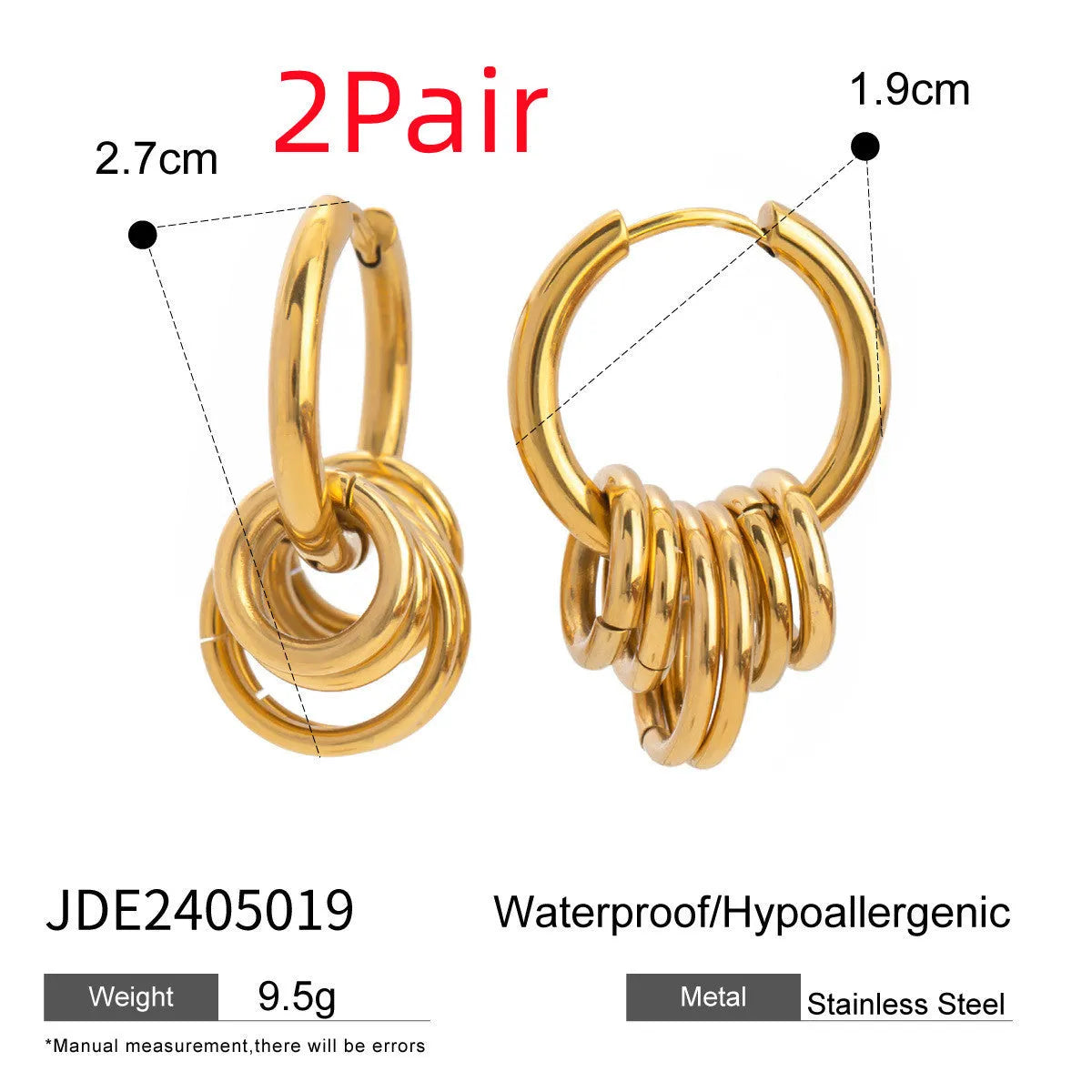 Gold tone stainless steel earrings with electroplated finish in unisex ins style design