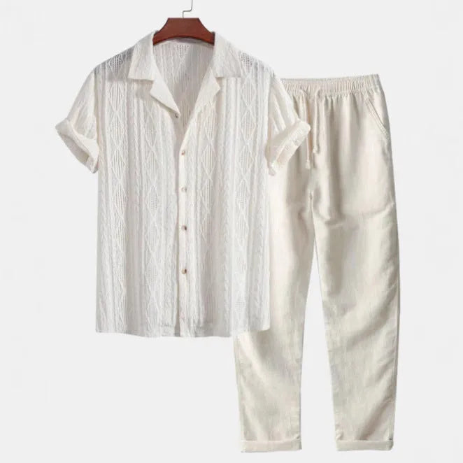 Men's slim fit camouflage print linen shirt and trousers casual set.