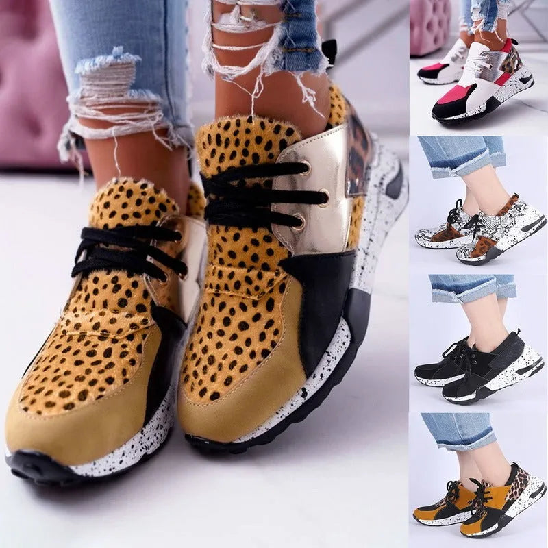 Women's casual wedge-heel sports sneakers in multiple colour patterns with suede upper and round toe