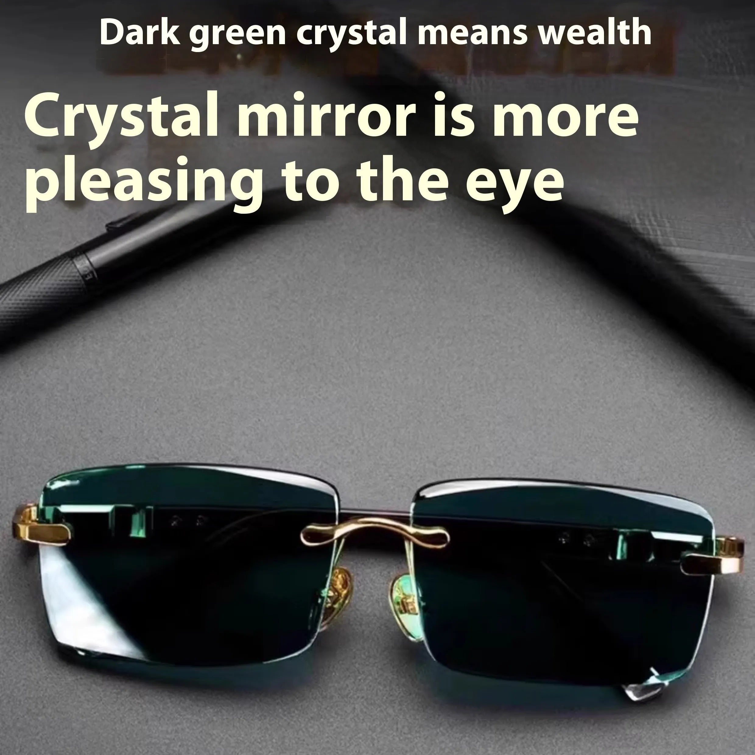 Dark green frameless crystal sunglasses with case and cleaning cloth