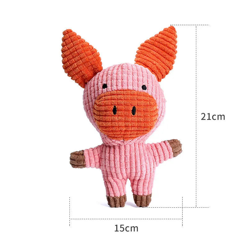 Animal shaped plush dog chew toy with squeaker in blue, brown, cow, grey, pink, white or yellow