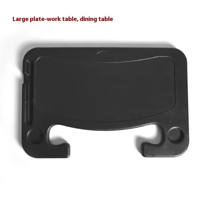 Black foldable ABS plastic tray positioned on a car steering wheel, shown with a laptop and foldable cup holder.