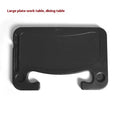 Black foldable ABS plastic tray positioned on a car steering wheel, shown with a laptop and foldable cup holder.
