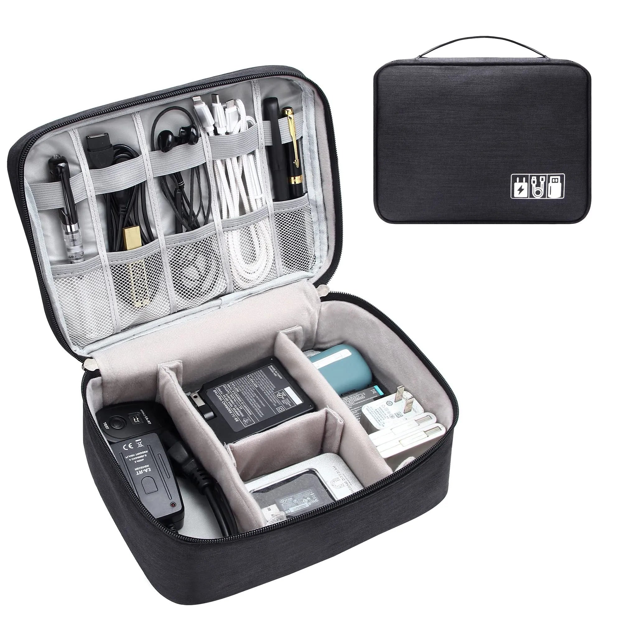 Black waterproof travel cable organiser bag open, showing mesh pockets, elastic loops, and removable padded dividers.